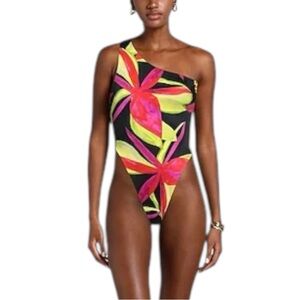 Louisa Ballou Plunge Printed One-piece XS Floral‎ Neon Swimsuit